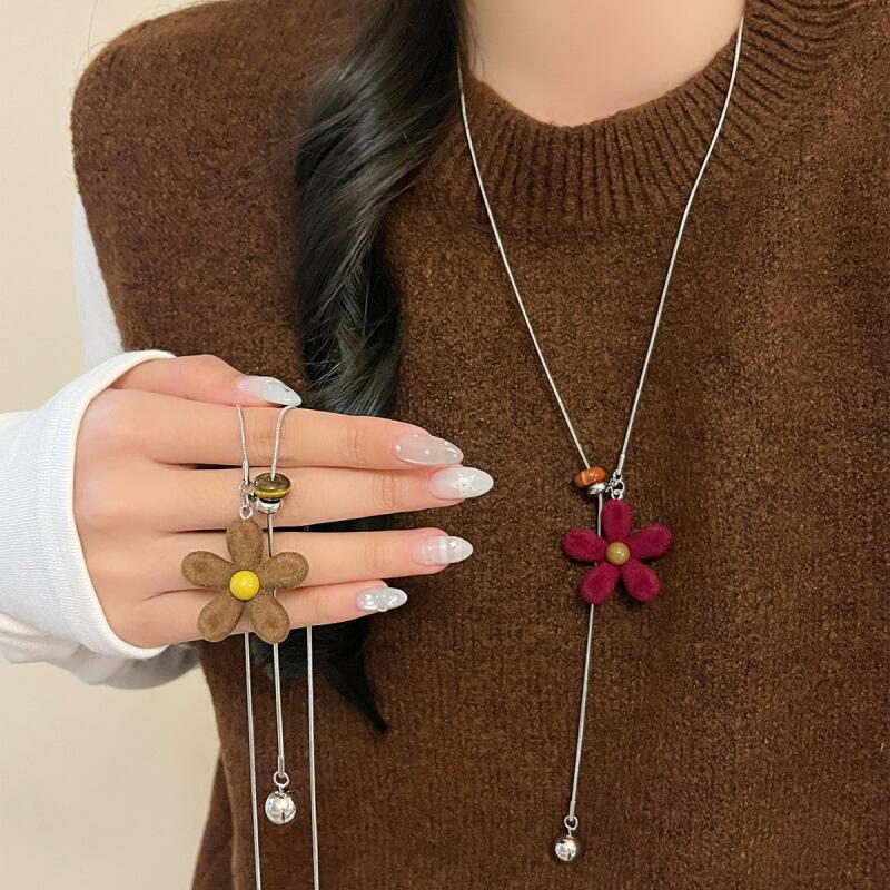 Korean Style Colorful Plush Flower Pendant Necklaces for Women Girls Casual Trendy Pull-Out Long Sweater Necklaces Jewelry Gifts