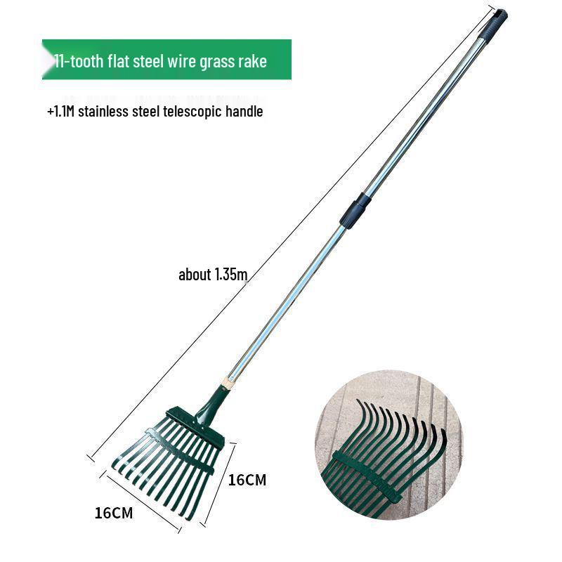 Garden Rake with Long Wooden Handle for Lawn and Leaves