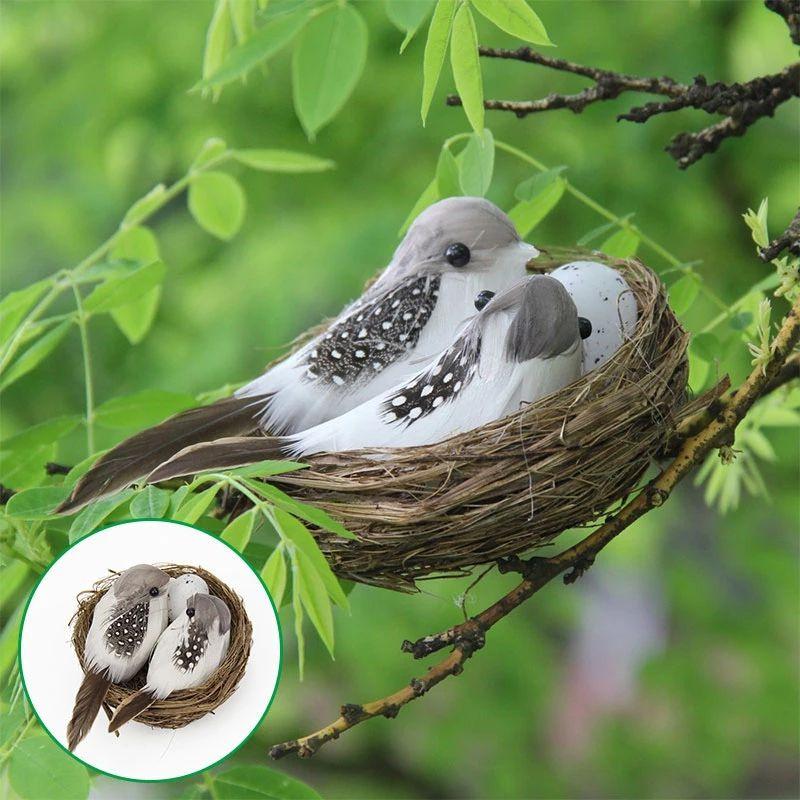 1 Set Realistic Feathered Birds With Nest Birds Egg Artificial Garden Decor Tree