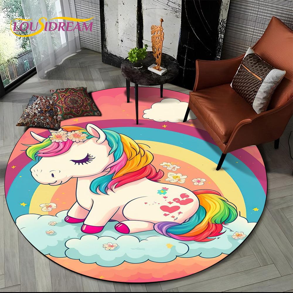3D Cute Unicorn Cartoon Girl Gift Round Carpet Rug for Living Room Bedroom Child Playroom Decor,Pet Area Rug Non-slip Floor Mat