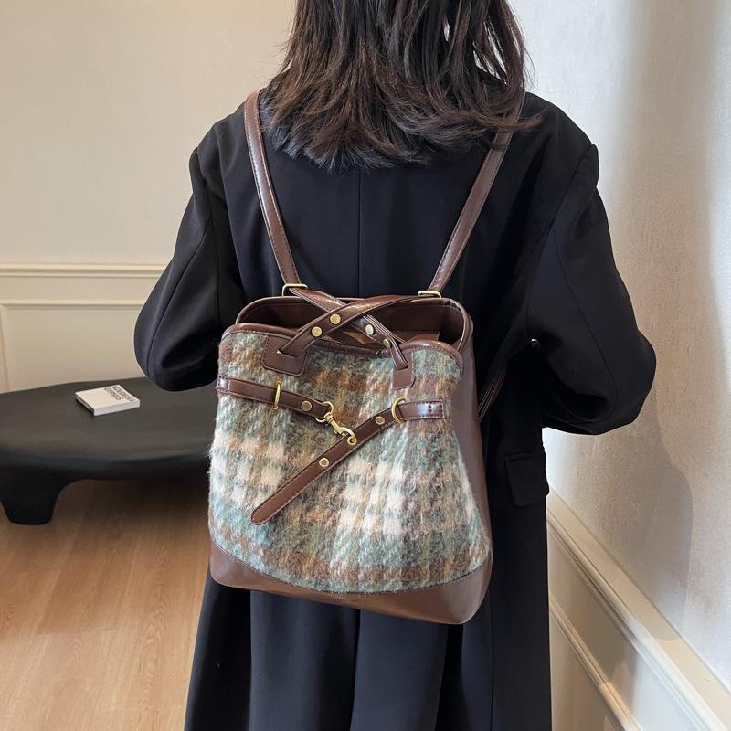 Karierte Einkaufstasche mit großer Kapazität, Umhängetasche für Damen, Vintage-Rucksack