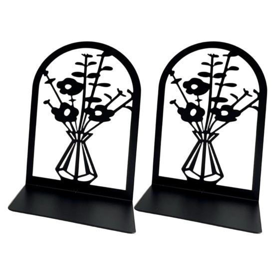 1 Pair Flower Metal Bookends Decorative Flower Vase Book Ends for Shelves Black