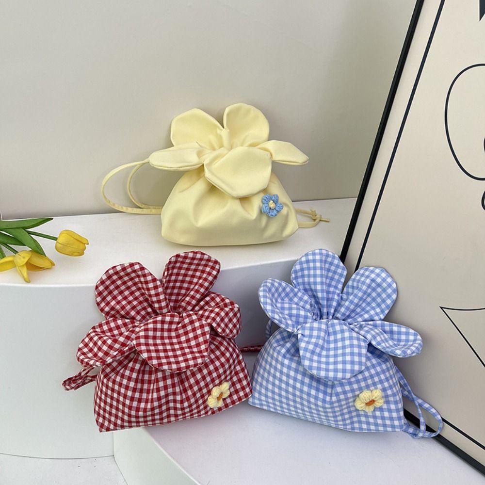 Korean Style Plaid Drawstring Bag Cute Shoulder Bags Casual Flower Handbag  Women