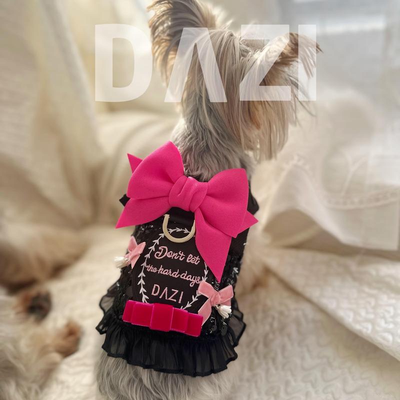 Luxury Dog Harness Leash Set Black Princess Dress with Bowknot Lace Chest Strap Puppy Walking Lead Rope for Maltese Schnauzer