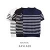 Kaslead New Women Clothes Western Style Fashion Simple and Versatile Stripe Pullover Round Neck Short Sleeve Top