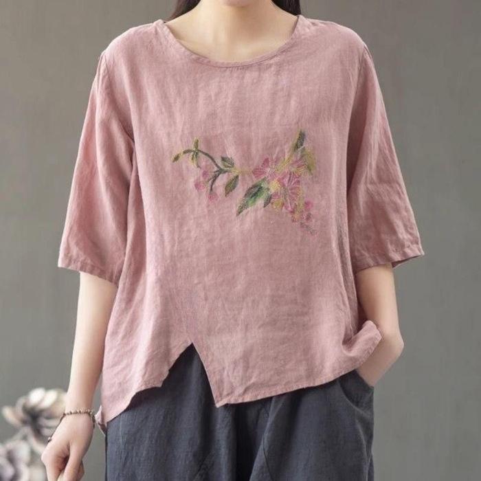 Cotton and Linen Top for Women In Summer New Thin Embroidery Large Size Women's Loose Literary Retro Chinese National Style T-shirt