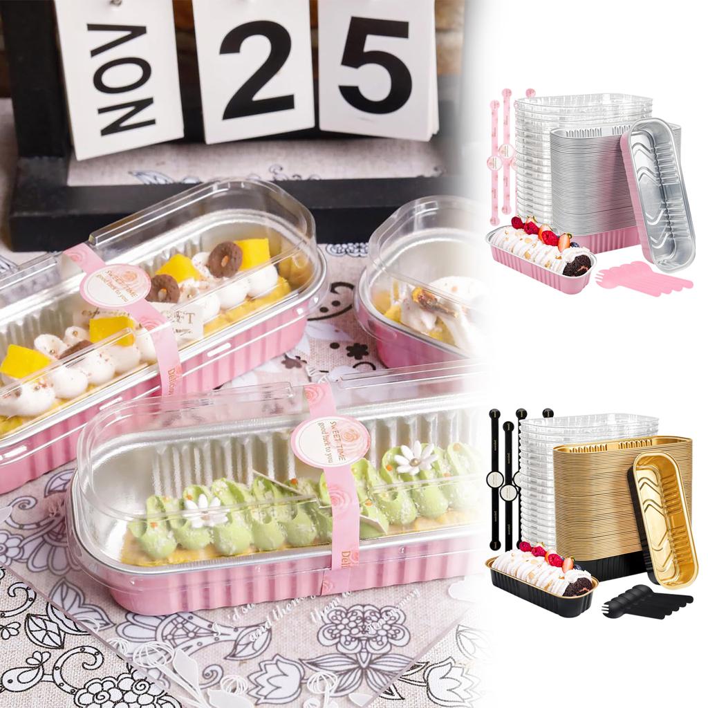 50Pcs Aluminum Foil Baking Mold Oven Safe Sealable Durian Packaging Cheese Pudding Cup Withwith Lid And Fork  50pcs