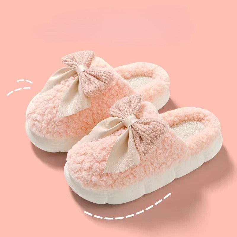 Winter Home Anti-Slip Warm Plush Bow Cotton Slippers