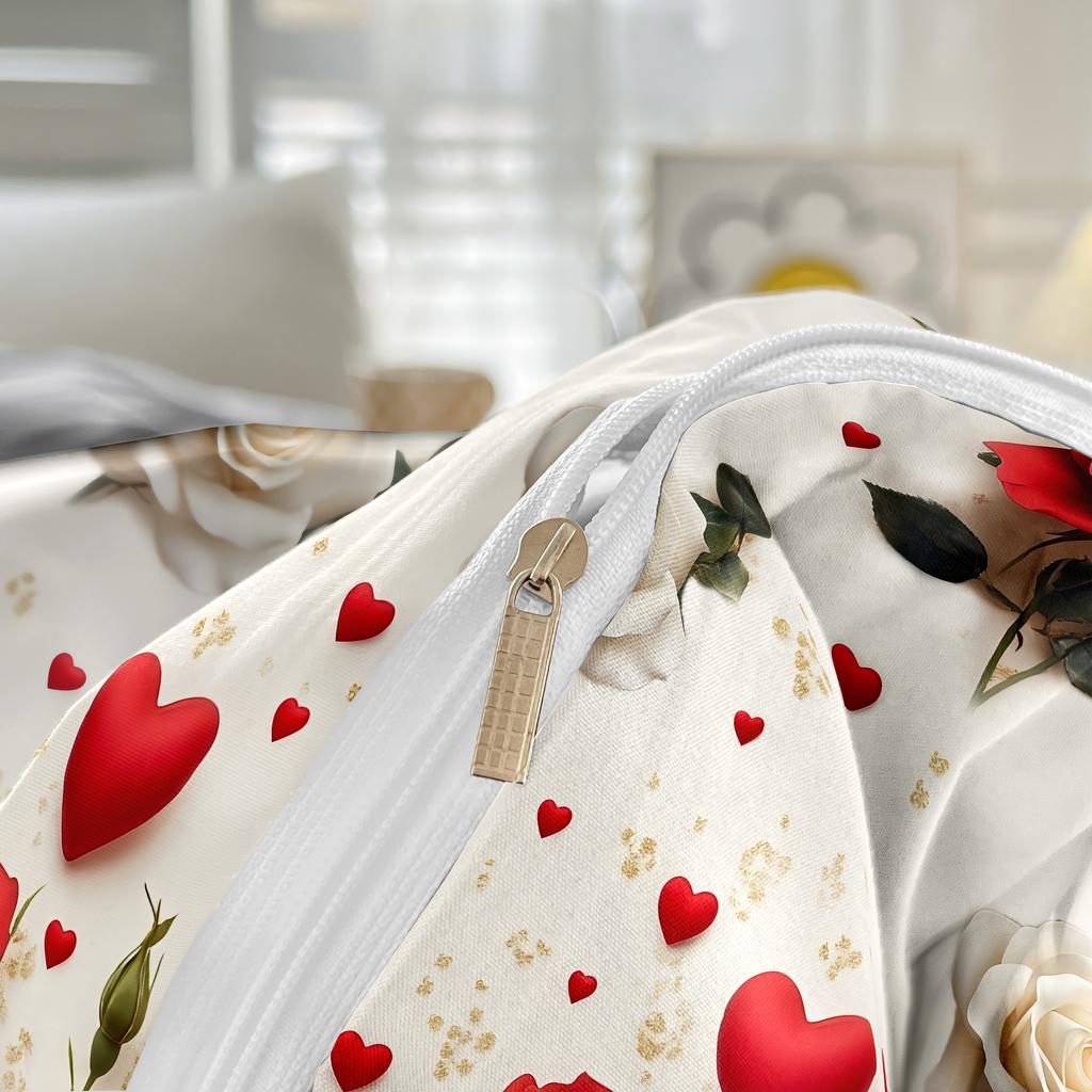 Red White Rose Floral Bedding Set Romantic 3D Print Duvet Cover Pillowcase Breathable Wrinkle-Free For Valentine Bedroom Decor