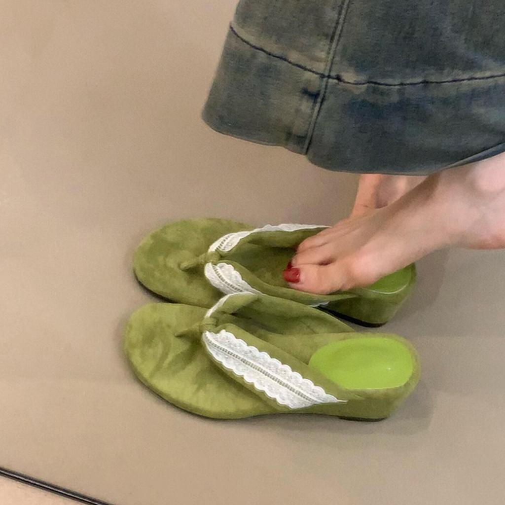 Soft Leather Version~ Retro New Dopamine Toe Flip-flops Women's Lace Suede One-pedal Lazy Wedge Heel Sandals