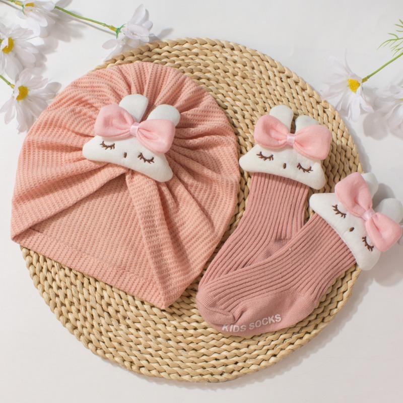 New children's hat set, cute solid color bunny baby stockings, soft hat sock cover