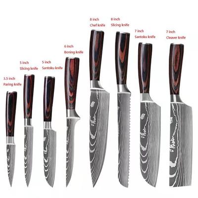 Juego de cuchillos con diseño de Damasco, 8 Uds., Juego de cuchillos de cocina, cuchillos de Chef, material de cocina, cuchillo para picar, cortador de deshuesado de frutas