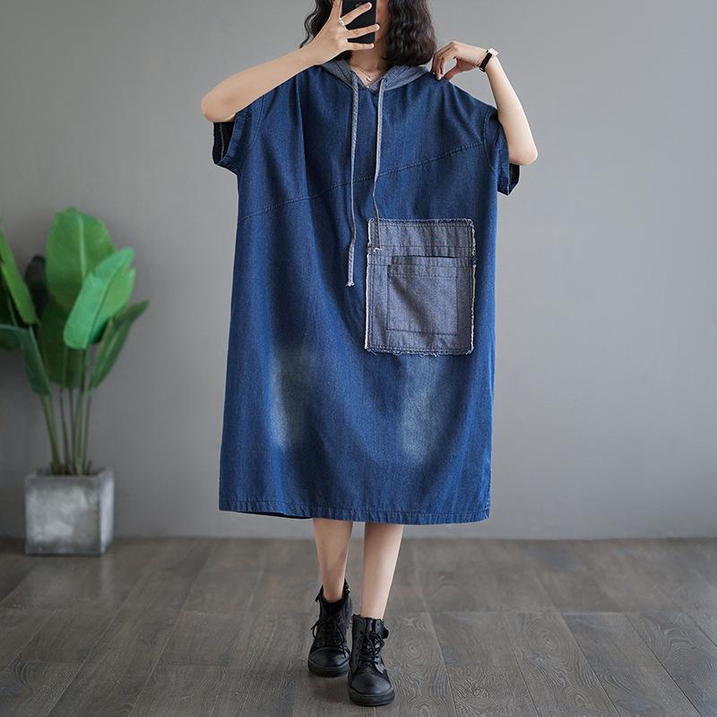 Real Shot Plus Size Hooded Midi Dress - Casual, Slimming, Fashionable, Distressed Denim with Short Sleeves Medium