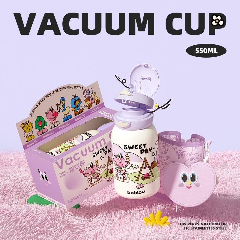Bablov 550ML Stainless Steel Vacuum Flask Cute Pattern Thermos Water Bottle with Straw Leak-proof Double Drink Cup for Kids
