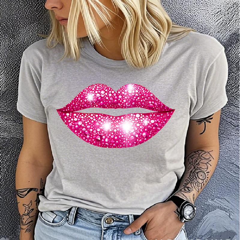 cotton 100% Premium T-shirt)Hot Pink Lips Funny Summer Women T-Shirt Harajuku Print Fashion Short Sleeve Summer Casual T-Shirt