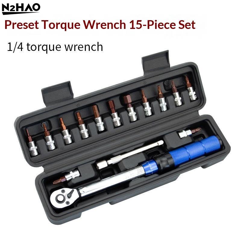 

15Pcs Professional Maintenance Tool Adjustable Torque Ratchet Wrench 1/4-inch Dual-Direction Bicycle Hex Socket Preset Wrench onesize