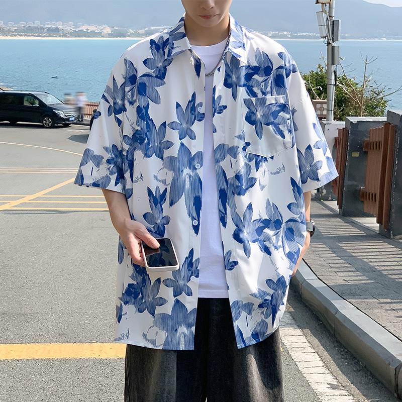 Summer floral short sleeved shirt for men, loose casual beach vacation, couple's shirt