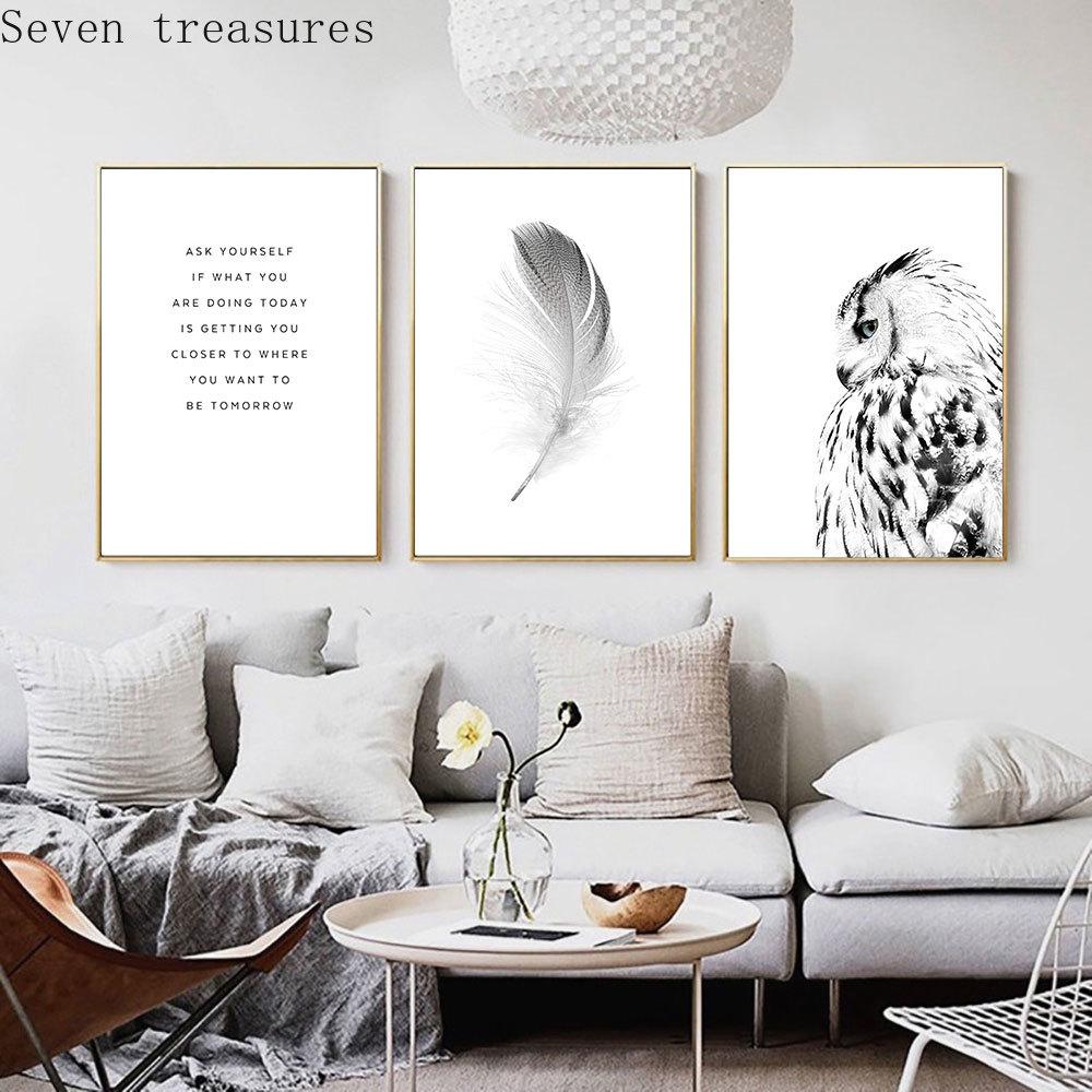 Nordic Black White Poster Owl Canvas Painting Feather Wall Art Print Quote For Living Room On The Wall Home Decor Modern Picture