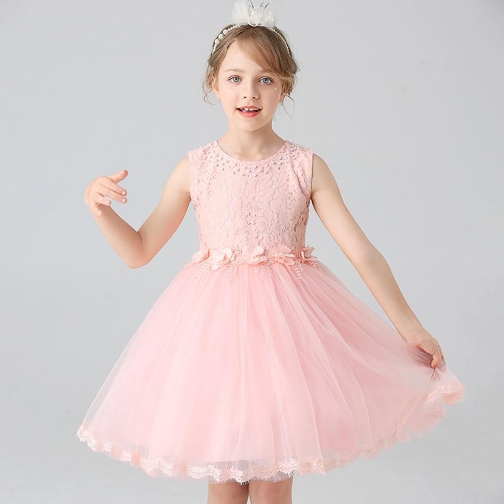 Girls' White Lace Mesh Princess Dress Sleeveless Round Neck Beaded Flower Girl Skirt Children's Wedding Bridesmaid Birthday Party Performance Dress