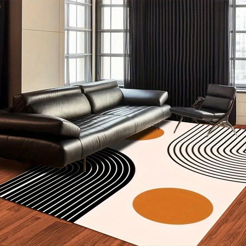 

Velvet Area Mat Modern Abstract Non Slip Black White Stripes Orange Circles Plush Dot Backing Machine Washable Living Room 50x80cm20x31in