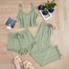 Women's 3 Piece Pajamas Set Ribbed Knit Lace Trim Cami Shorts And Pants