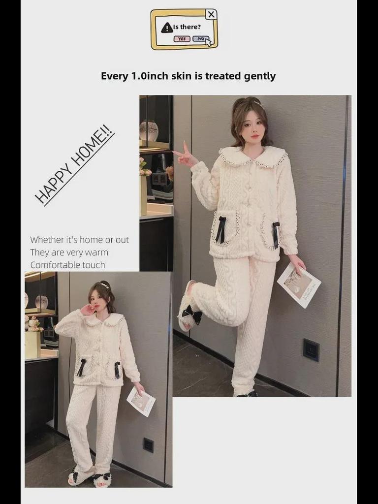 Women's Long-Haired Jacquard Pajamas - Zippered, Solid Color, Long Sleeve Coral Fleece Cardigan (Fits Up to 230 lbs).