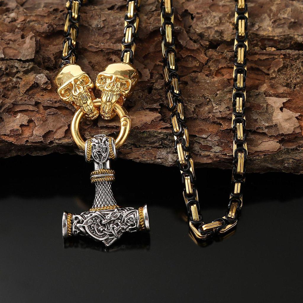 Retro Viking Skull Hammer Pendant Necklace with Stainless Steel Chain - European and American Fashion Jewelry Trend