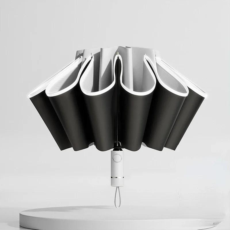 Parapluie pliable entièrement automatique pour homme et femme avec bande réfléchissante coupe-vent et UV