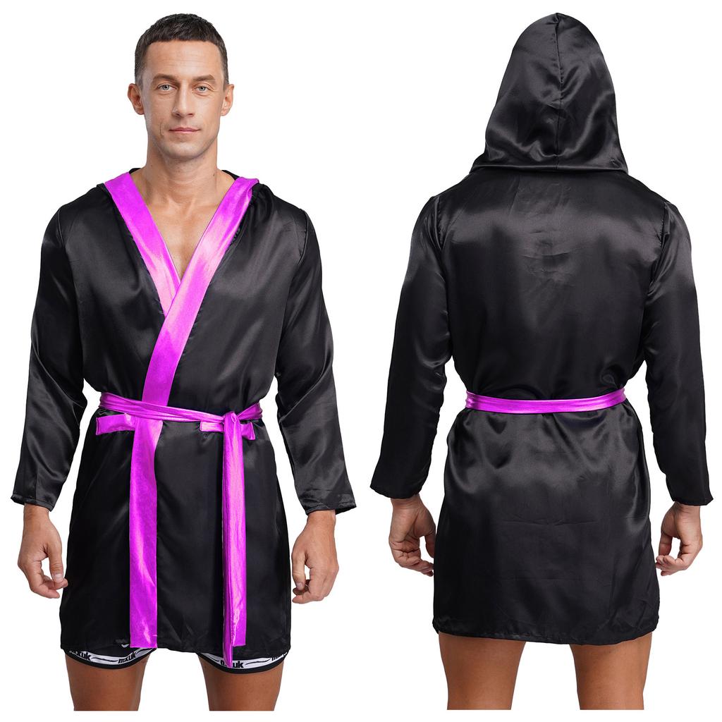 Mens Satin Hooded Cloak Shiny Trim Open Front Belt Boxing Robe
