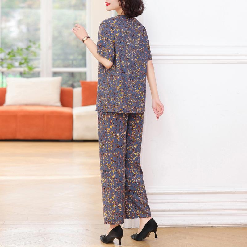 Plus Size Elegant 2 Piece Sets Womens Outfits Summer  Vintage Print Wide Legs Trouser Sets