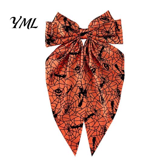 Holiday Themed Hair Accessories for Women Halloween Bow Clip Girls, Spider Web Barrettes Chic Satin Bows with Streamers Clips, Large Bowknot