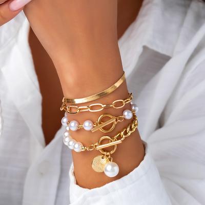Sweet And Cool Multi-Portrait Imitation Pearl Bracelet Set, Personalized Cross Chain Jewelry For Women