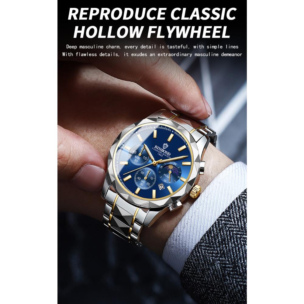 BINBOND Luminous Waterproof Quartz Wristwatch for Men Accurate Luxury Auto Date Chronograph Men's Watch Fashion Durable Reloj