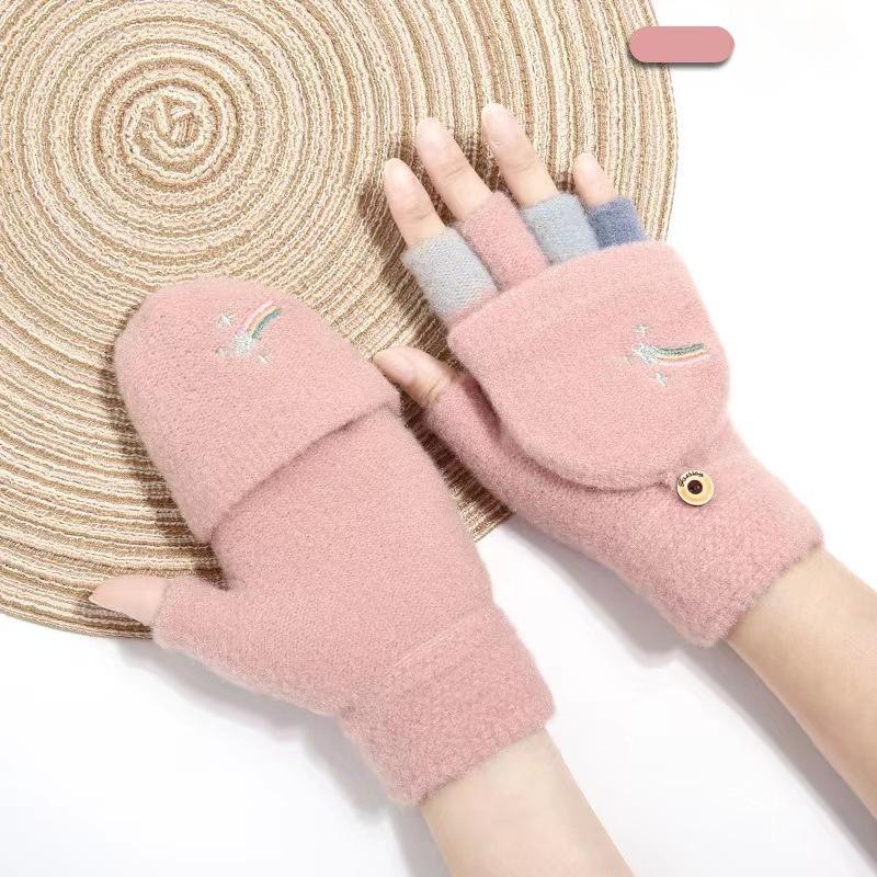 

Winter Warm Half-fingered Flip-top Knitted Gloves Creative Students Cute Embroidered Rainbow Writing Cycling and Cuteness Gloves розовый