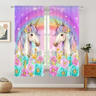2 Panels Rainbow Floral Unicorn Semi Polyester Curtain For Bedroom Living Room Window Kitchen Office Home Decor