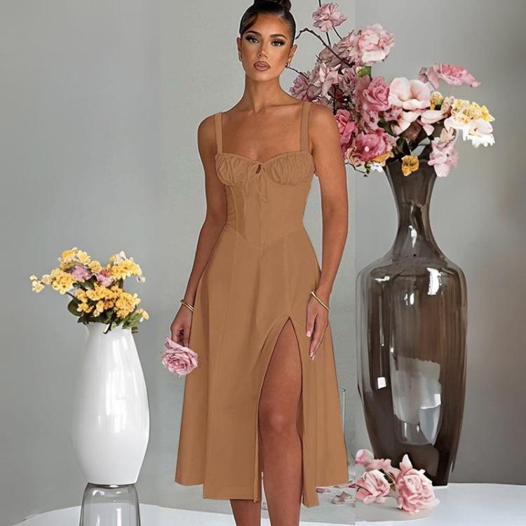 

Women Solid Color Knee-Length Dress V-Neck High Waist Backless Spaghetti Strap Design Sense S коричневый