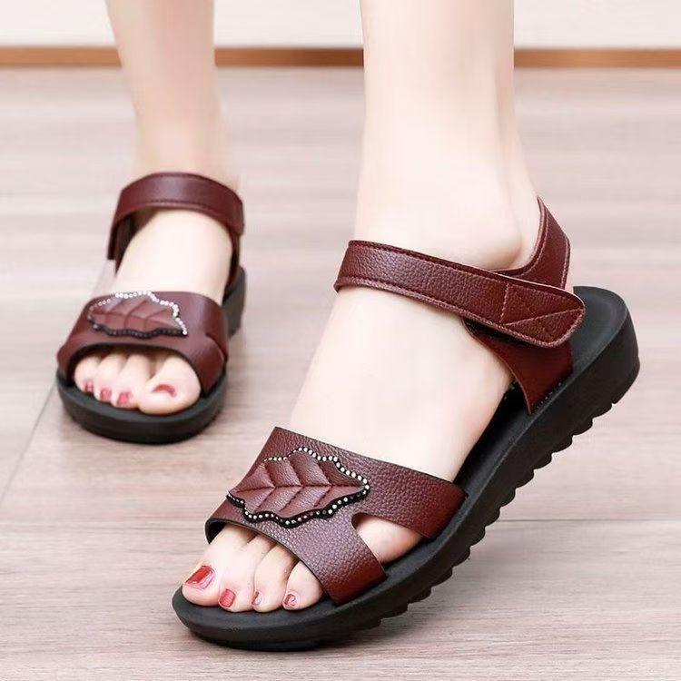 Middle Aged And Elderly Velcro Flat Sole Sandals Thick Sole Non Slip Summer New Open Toe Lightweight Breathable Leather Sandals