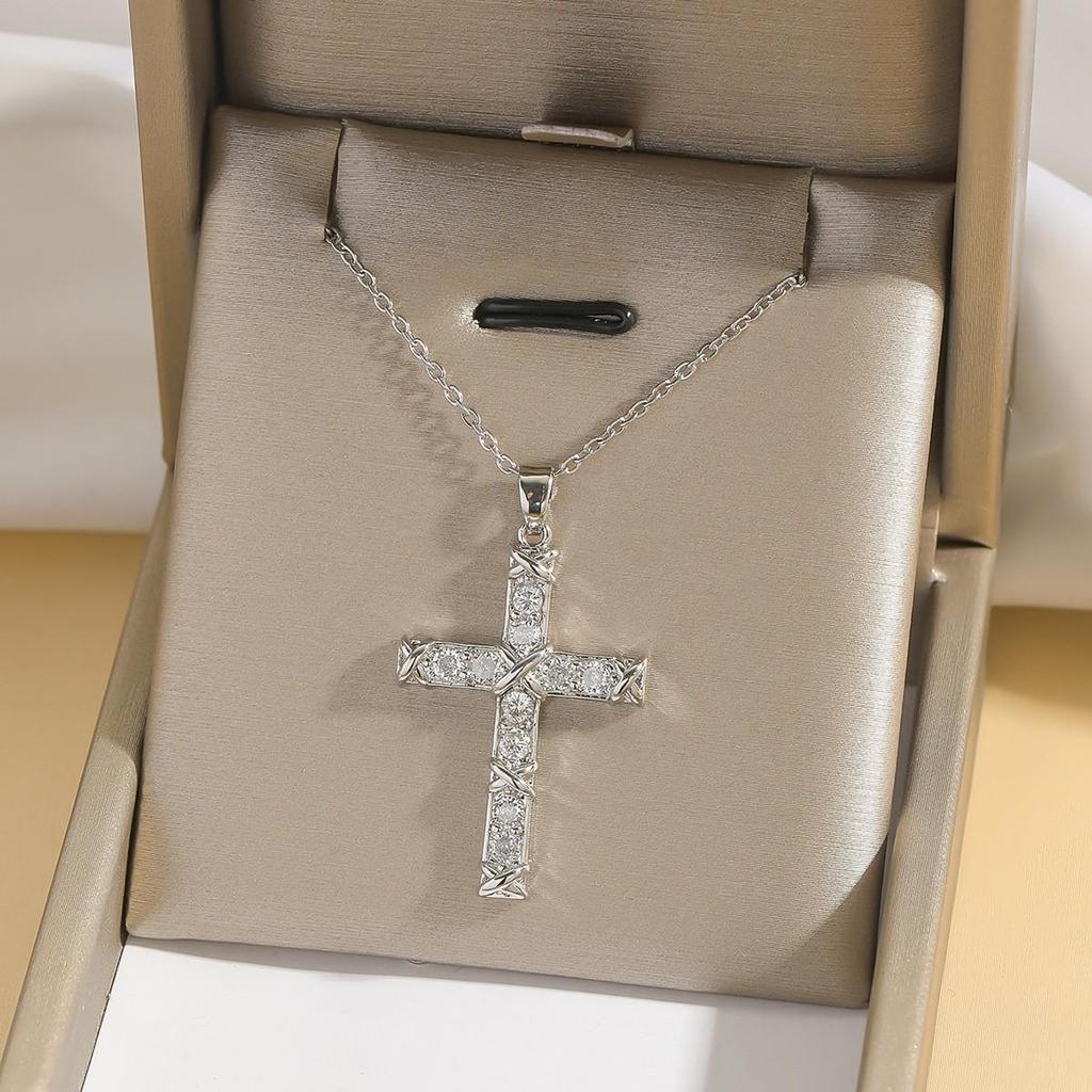 Damen Bunte Zirkon Kreuz Halskette - Nischendesign mit Voll-Diamant-Anhänger an Edelstahlkette