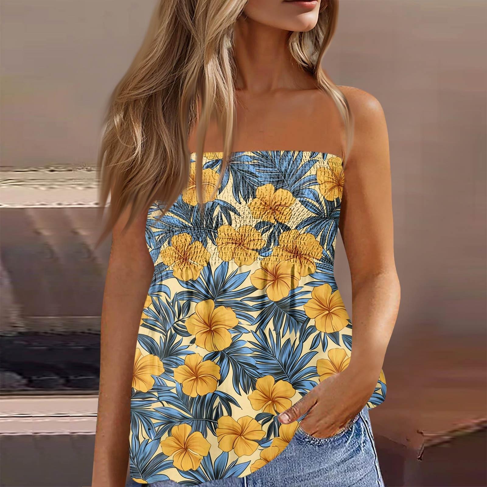 

Літні топи-труби для жінок, мила сексуальна футболка без рукавів з квітковим принтом з відкритими плечима M золотий