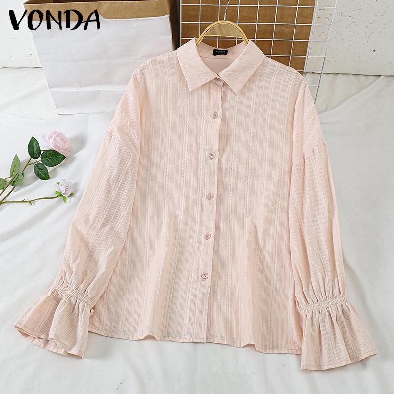 VONDA Women Fashion Solid Color Shirt Collar Striped Ruffle Long Sleeve Shirts