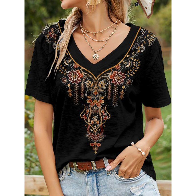Summer Ethnic Style Floral 3D Print T-Shirts Women's V-Neck Short Sleeve T Shirt Y2k Harajuku Tees Casual Tops Female Clothing