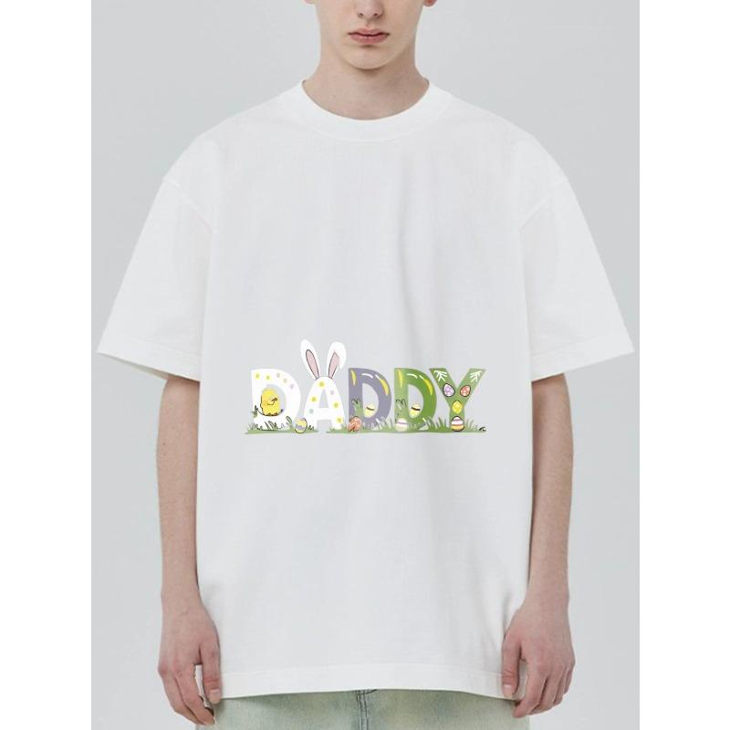 Black T Shirt Daddy Easter Bunny Eggs and Chick Print for Casual Wear