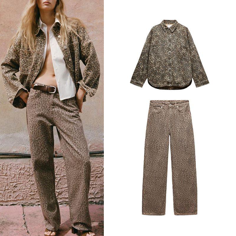Spring New Women's Clothing Leopard-Print Shirt Outwear 5520264 High Waist Loose Denim 6688241