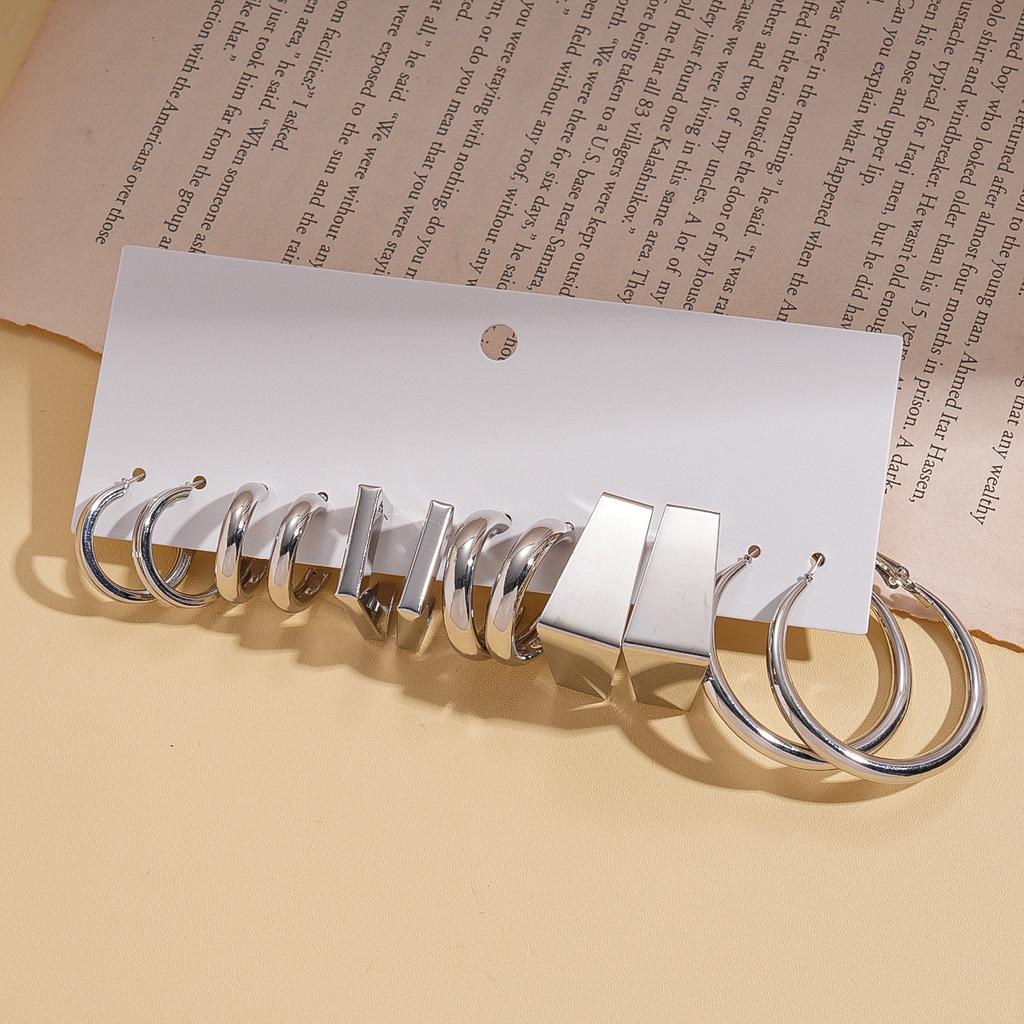 Twelve-piece Smooth Geometric C-shaped Round Silver Needle Earrings