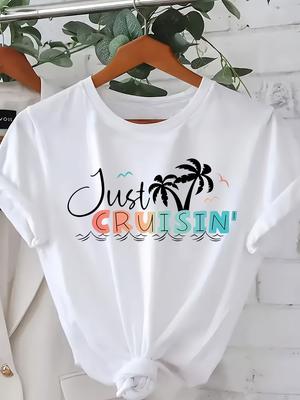 Damen Freizeit Kurzarm T-Shirt Tropische Palme Just Cruisin Grafikdruck Strandurlaube Lässige Ausflüge Strand T-Shirt