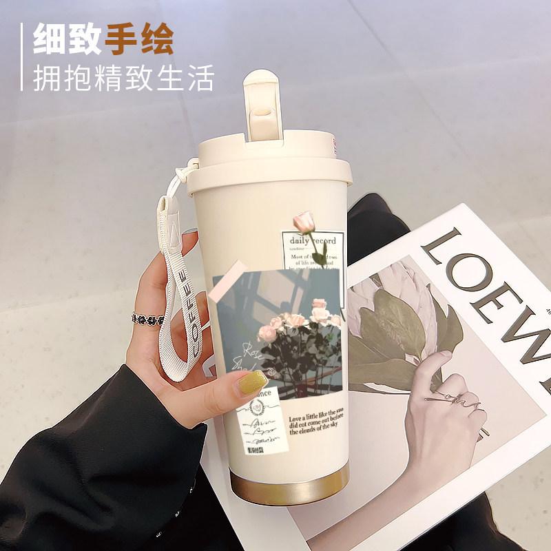 Simple flower thermos cup 111 large capacity student straw high value portable water cup coffee cup female
