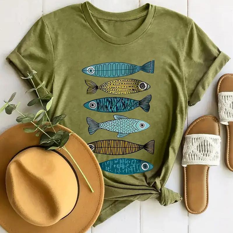 Women Summer T Shirt Retro Fashion Short Sleeve Tees Casual Fish Printed  Tops
