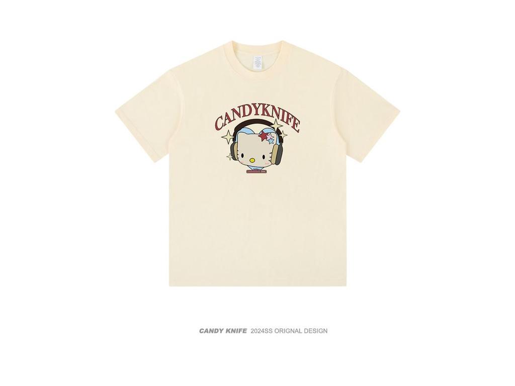 Unisex American Retro Cartoon Kitten Heavyweight Crew Neck T-Shirt