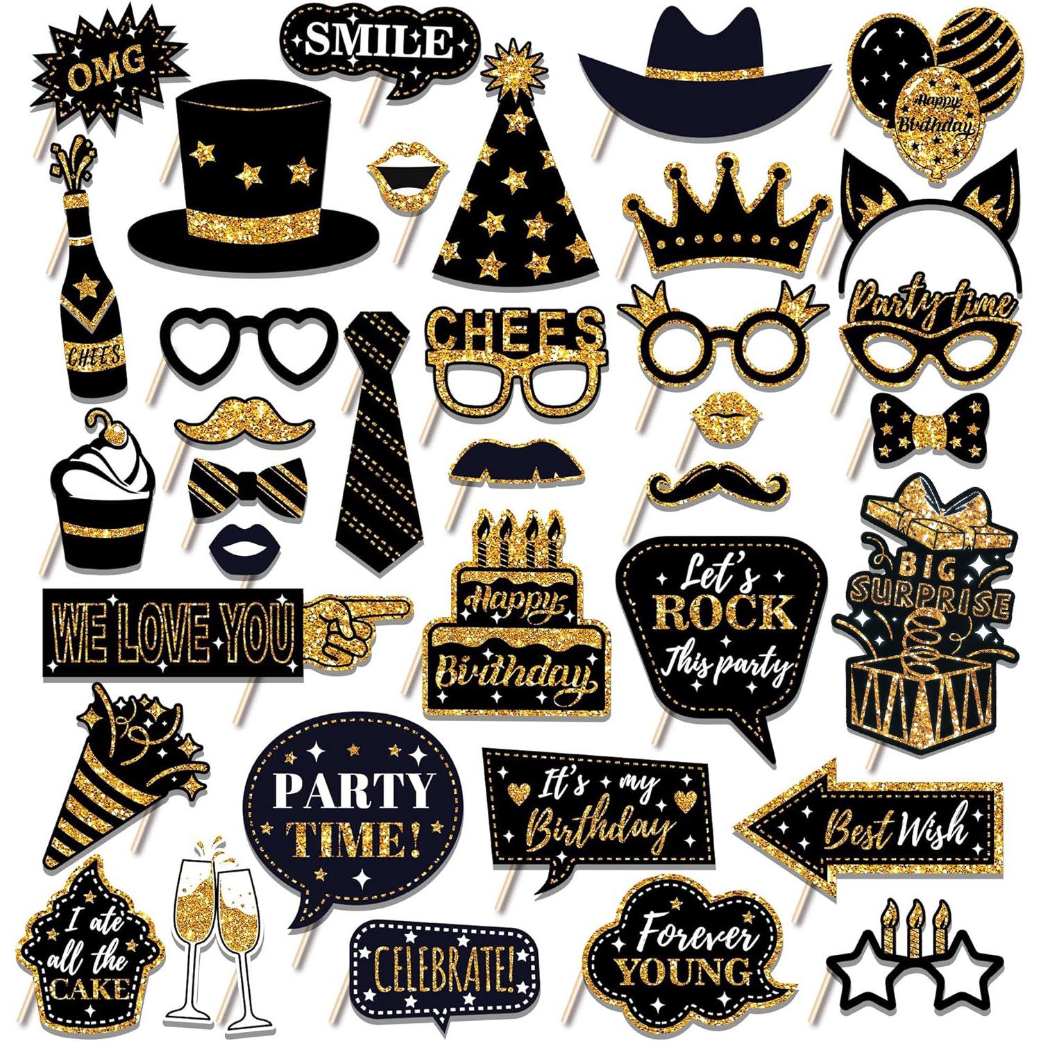 36-Piece Black and Gold Birthday Party Decoration Set with Photo Props for Men and Women