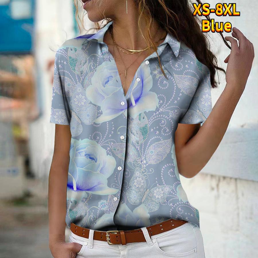 2025 Léto Nová Móda Dámská Květinová Krátký Rukáv Výstřih do V Ležérní Halenka s Knoflíky